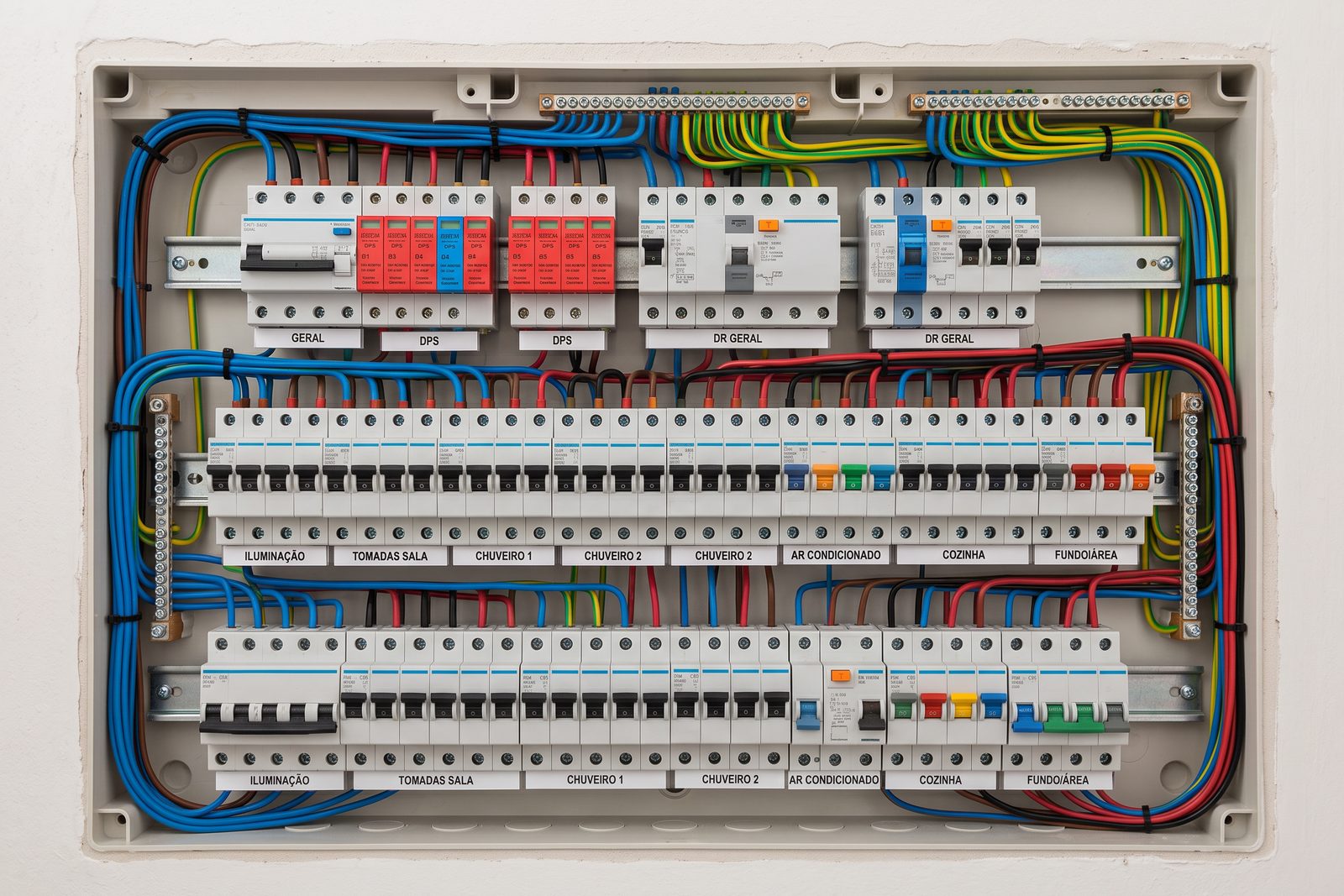 Eletricista trabalhando em um quadro de distribuição com disjuntores