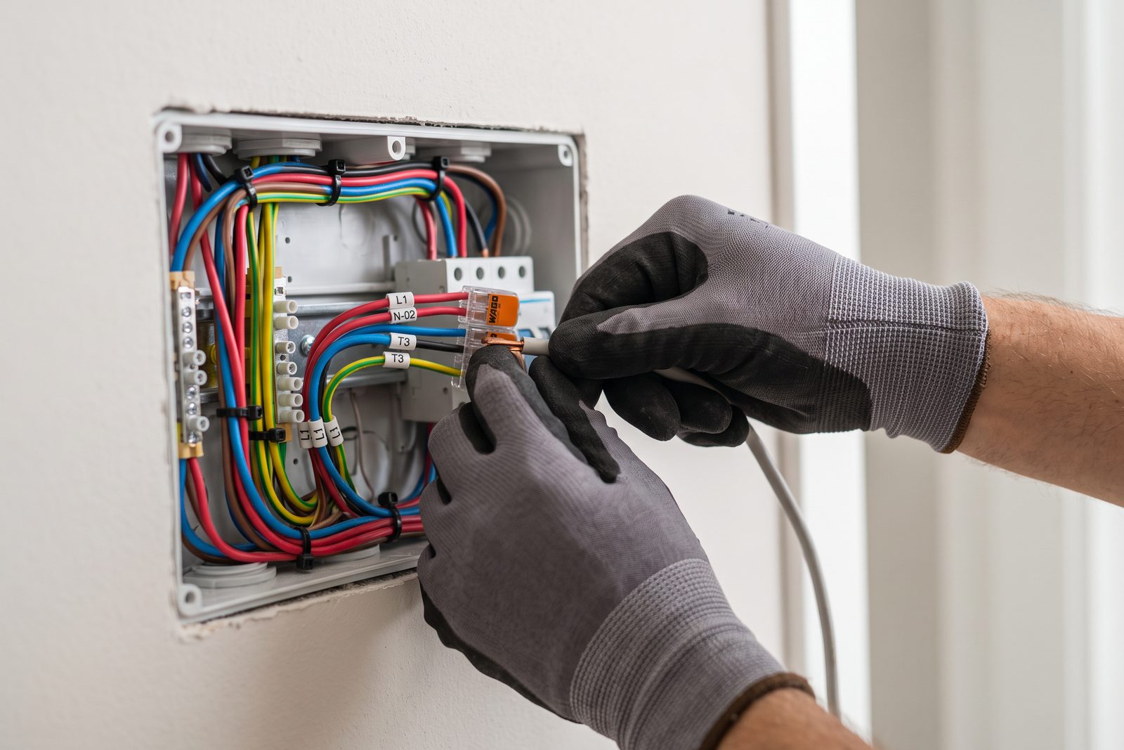 Eletricista instalando iluminação no teto de um imóvel