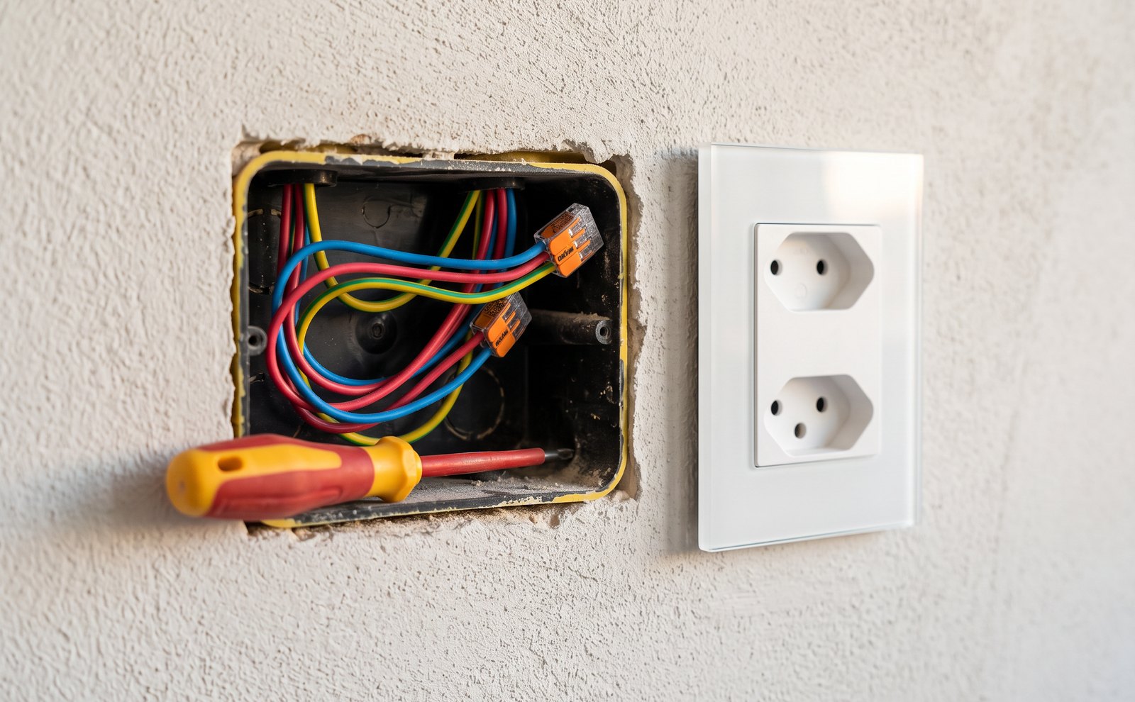 Mãos de eletricista com chave de fenda em uma tomada
